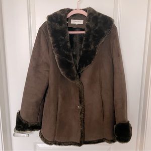 Calvin Klein Suede Fur Button Up Coat Brown Women’s Sz Large